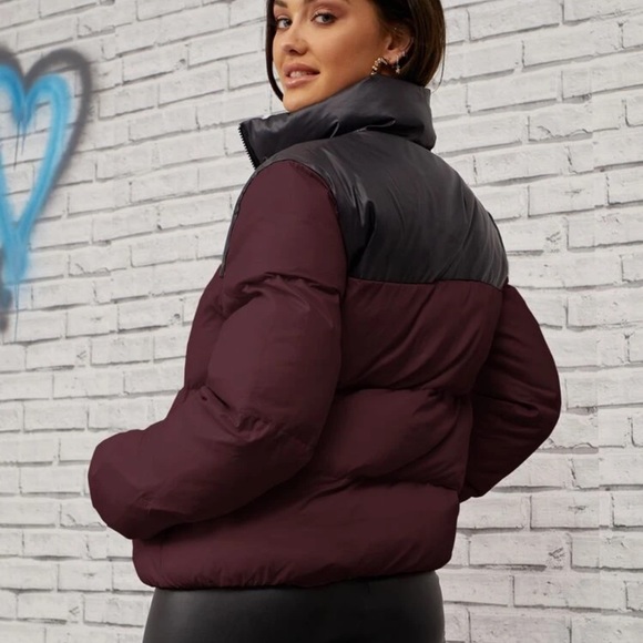 Color block quilted puffer jacket maroon black - Picture 3 of 9